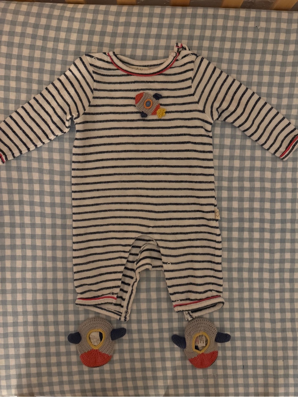 Striped Navy & White Baby One-Piece with Rocket Applique